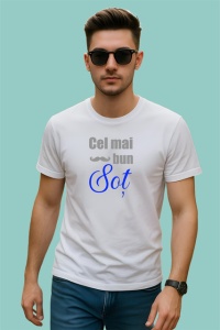 Tricou Cel Mai Bun Sot V1 Mustata Si Scris Albastru, din bumbac 100% , tricou alb pentru Barbat - Img 2