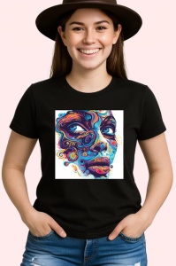 Tricou Chip feminin cu spirale psihedelice fundal alb Copii | Dama | Barbat, culoare negru - Img 3