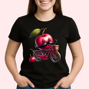 Tricou Cireasa de vara amuzanta pe bicicleta, Fructe, Copii | Dama, culoare negru - Img 2