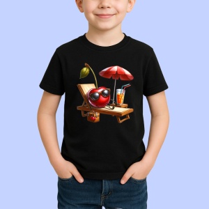 Tricou Cireasa de vara amuzanta pe sezlong, Fructe, Copii | Dama, culoare negru