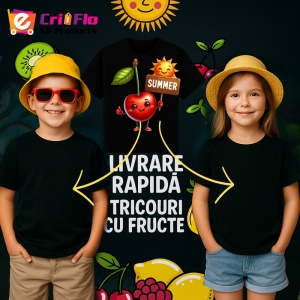 Tricou Cireasa de vara amuzanta summer, Fructe, Copii | Dama, culoare negru - Img 6