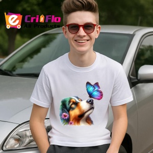 Tricou Collie australian cu fluture mov si roz pe nas design pastelat Copii | Dama | Barbat Barbat - Img 6