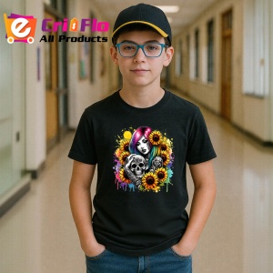 Tricou Colorful skull and girl sunflowers, fata si craniu colorat cu floarea soarelui, Copii | Dama | Barbat , tricou negru - Img 5
