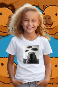 Tricou copii Capybara - selfie UFO alb negru - Img 2