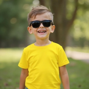 Copil purtând ochelari de soare și tricou galben lime în aer liber