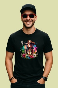 Tricou Cowgirl smoking flowers tattoo, cowgirl fumand flori tatuaj, Copii | Dama | Barbat , tricou negru - Img 3