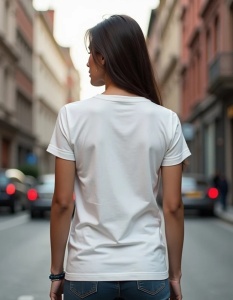Femeie văzută din spate purtând un tricou alb, mergând pe o stradă urbană.