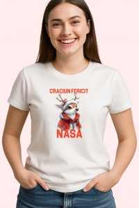 Tricou Craciun Fericit Nasa Ren Ilustratie, din bumbac 100%, tricou alb, Dama | Barbat - Img 2
