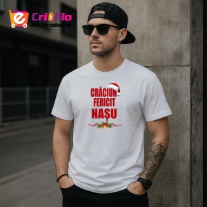 Tricou Craciun Fericit Nasu Decor, din bumbac 100%, tricou alb, Dama | Barbat