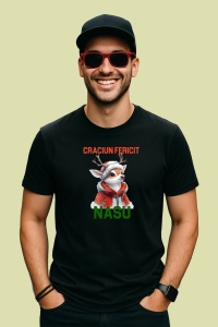 Tricou Craciun Fericit Nasu Ren Ilustratie, din bumbac 100%, tricou negru, Dama | Barbat