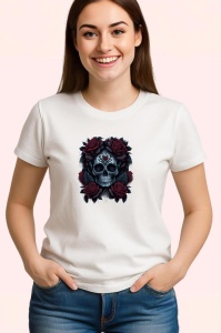 Tricou Craniu cu flori negre si trandafiri fundal alb Copii | Dama | Barbat - Img 3