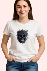 Tricou Craniu cu flori tropicale si bandana fundal alb Copii | Dama | Barbat