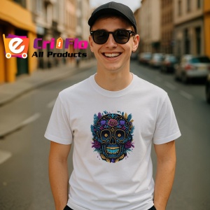 Tricou Craniu decorat in albastru si violet fundal artistic Copii | Dama | Barbat - Img 6