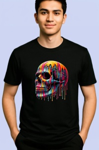 Tricou Craniu inflacarat cu culori neon fundal alb Copii | Dama | Barbat, culoare negru - Img 2