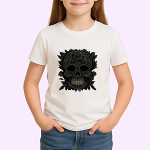 Tricou Craniu negru elegant cu flori aurii fundal alb Copii | Dama | Barbat