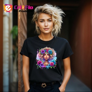 Tricou Curly blonde floral crown girl, fata blonda creata cu coronita florala, Copii | Dama | Barbat , tricou negru - Img 8