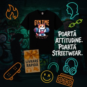 Tricou Cute Cat Gym Time Graphic Negru, Copii | Dama | Barbat - Img 6