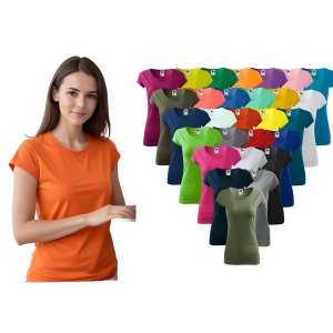 Femeie imbracata intr-un tricou cu decolteu de culoare portocaliu prezentand culorile disponibile cum ar fi roz,rosu,alb,negru,albastru,verde,turcoaz,coral,violet