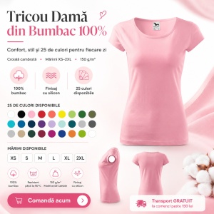 Tricou Damă 100% Bumbac Cambrat – Decolteu Rotund, Mâneci Scurte, 25 Culori | XS-2XL - Img 6