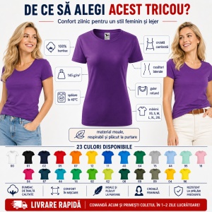 Tricou damă basic clasic din bumbac 100%, cambrat, 23 culori, XS - 2XL - Img 2