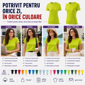 Tricou Damă din Bumbac 100%, Guler Rotund, Slim fit cambrat, XS-2XL, 23 Culori - Img 6