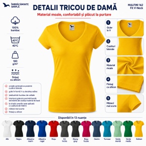 Tricou damă Malfini cu guler în V, 100% bumbac, croială feminină, 13 culori disponibile - Img 4