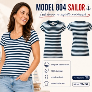 Tricou Damă Marinăresc cu Dungi și Mânecă Scurtă – Malfini 804 Sailor, 100% Bumbac