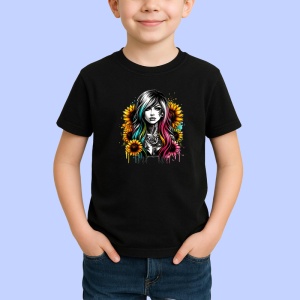 Tricou Dark hair girl sunflower background, fata cu par inchis si fundal floarea soarelui, Copii | Dama | Barbat , tricou negru - Img 2