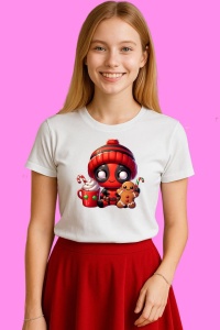 Tricou Deadpool Christmas Cu Cana Mare, din bumbac 100%, tricou alb, Copii | Dama | Barbat - Img 3