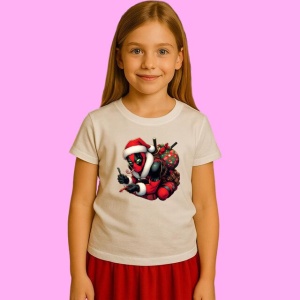 Tricou Deadpool Christmas Cu Sac Cadouri, din bumbac 100%, tricou alb, Copii | Dama | Barbat - Img 2