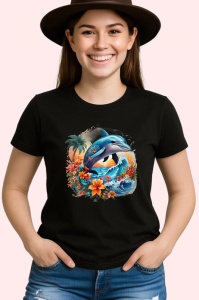 Tricou Delfini sarind in valuri cu flori tropicale Copii | Dama | Barbat, culoare negru - Img 3