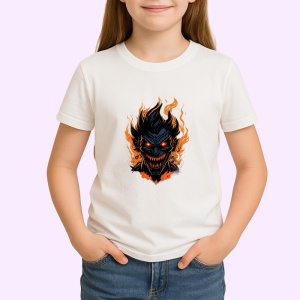 Tricou Demon cu zambet malefic si flacari fundal alb Copii | Dama | Barbat - Img 4