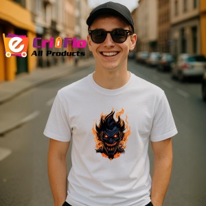 Tricou Demon cu zambet malefic si flacari fundal alb Copii | Dama | Barbat - Img 6