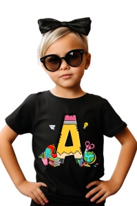 Tricou din bumbac 100% pentru copii, litera A, Back To School, educatie, creioane, carti