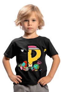 Tricou din bumbac 100% pentru copii, litera P, Back To School, educatie, creioane, carti - Img 2