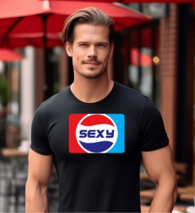 Bărbat cu păr aranjat, purtând un tricou negru cu un logo reinterpretat ce conține textul 'SEXY', fotografiat în fața unor umbrele roșii, într-un cadru urban.