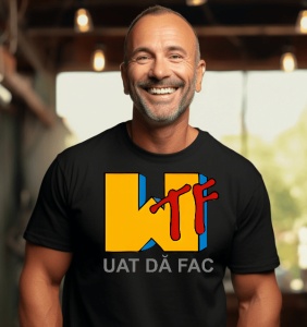 Bărbat zâmbitor cu barbă scurtă și păr grizonat, îmbrăcat într-un tricou negru decorat cu designul grafic 'WTF' în culori galben, albastru și roșu, completat cu textul 'UAT DĂ FAC'. Fundalul este un interior cu lumină ambientală caldă și accente de lemn.