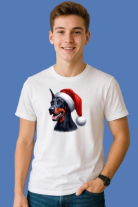 Tricou Doberman Craciun Cu Zambet, din bumbac 100%, tricou alb, Copii | Dama | Barbat