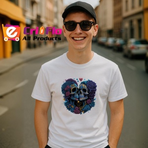 Tricou Doua cranii intr o inima cu trandafiri fundal alb Copii | Dama | Barbat - Img 6