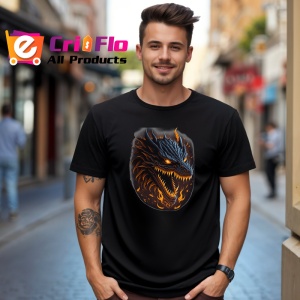 Tricou Dragon negru cu ochi rosii si flacari pe fundal Copii | Dama | Barbat, culoare negru - Img 6
