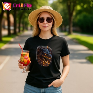Tricou Dragon negru cu ochi rosii si flacari pe fundal Copii | Dama | Barbat, culoare negru - Img 8