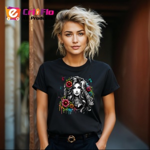 Tricou Elegant black hair flower burst, fata cu par negru si explozie florala, Copii | Dama | Barbat , tricou negru