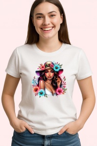Tricou elegant woman pink hat flower detail, femeie eleganta cu palarie roz si flori, Copii | Dama | Barbat