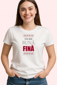 Tricou Fina Scris Roz V1, din bumbac 100% , tricou alb pentru Dama - Img 2