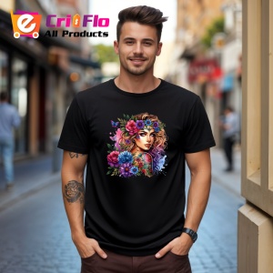 Tricou Floral crown blue pink look, fata cu coronita albastru roz si tatuaje, Copii | Dama | Barbat , tricou negru - Img 10