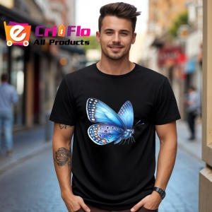 Tricou Fluture albastru cu aripi deschise si buline elegante Copii | Dama | Barbat, negru - Img 5