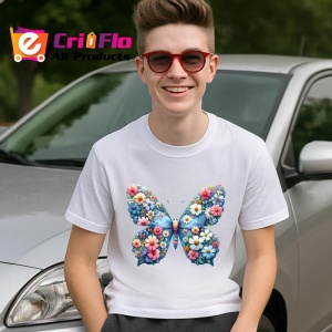 Tricou Fluture albastru cu flori pe aripi grafica vesela Copii | Dama | Barbat Barbat - Img 6