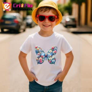 Tricou Fluture albastru cu flori pe aripi grafica vesela Copii | Dama | Barbat Barbat