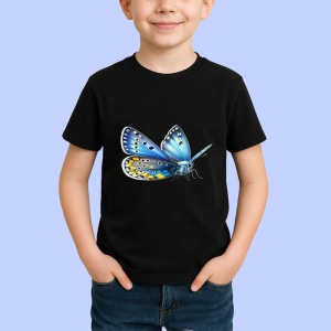 Tricou Fluture albastru cu galben model simetric ilustrat Copii | Dama | Barbat, negru - Img 3