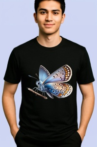Tricou Fluture albastru cu maro si detalii pe frunza Copii | Dama | Barbat, negru - Img 2